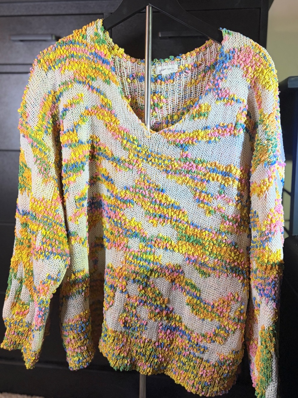 Cream V-Neck Sweater with Yellow & Pastel Multicolor Accents